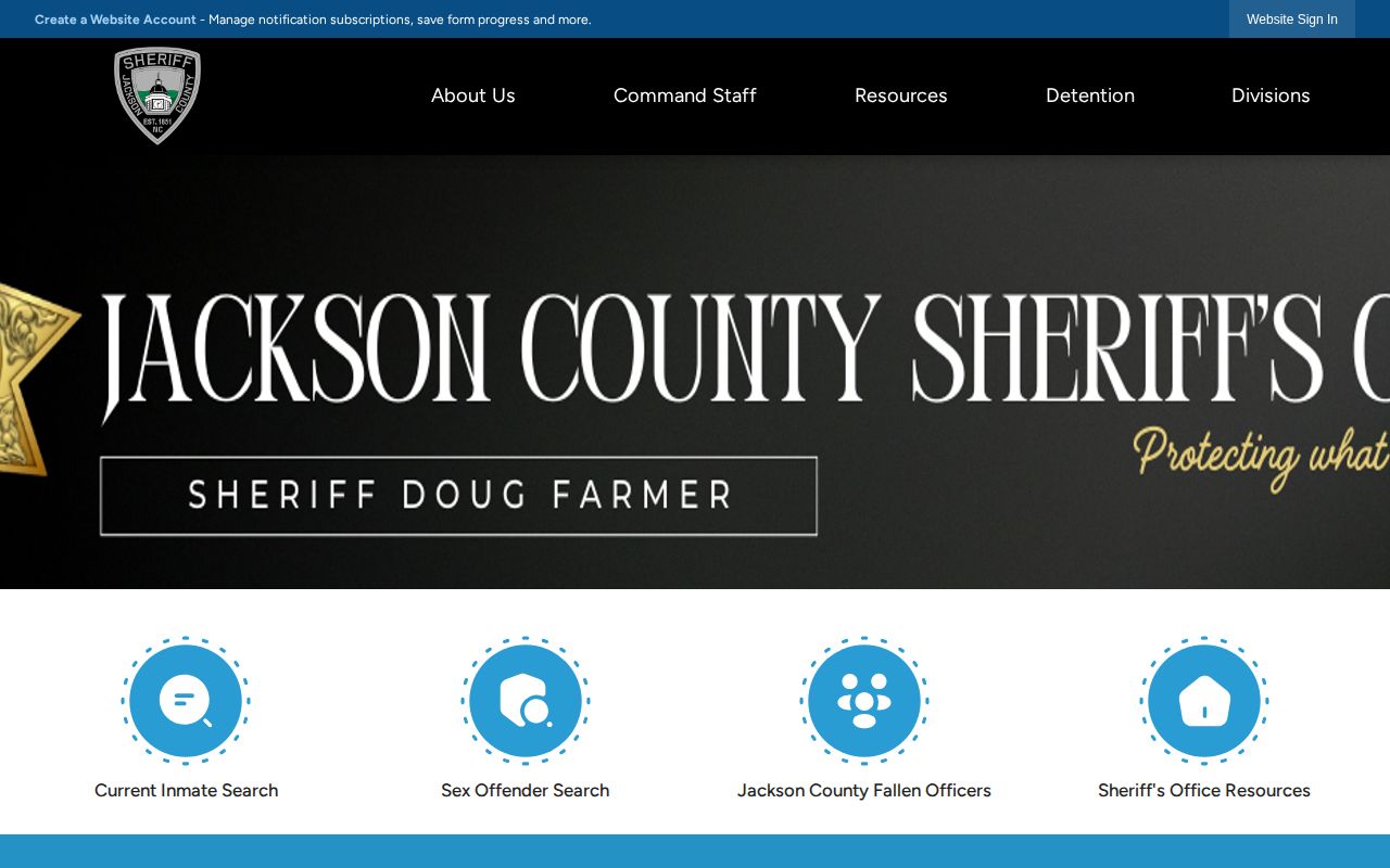 Jackson County Sheriff's Office page with current contact and inmate-search link
