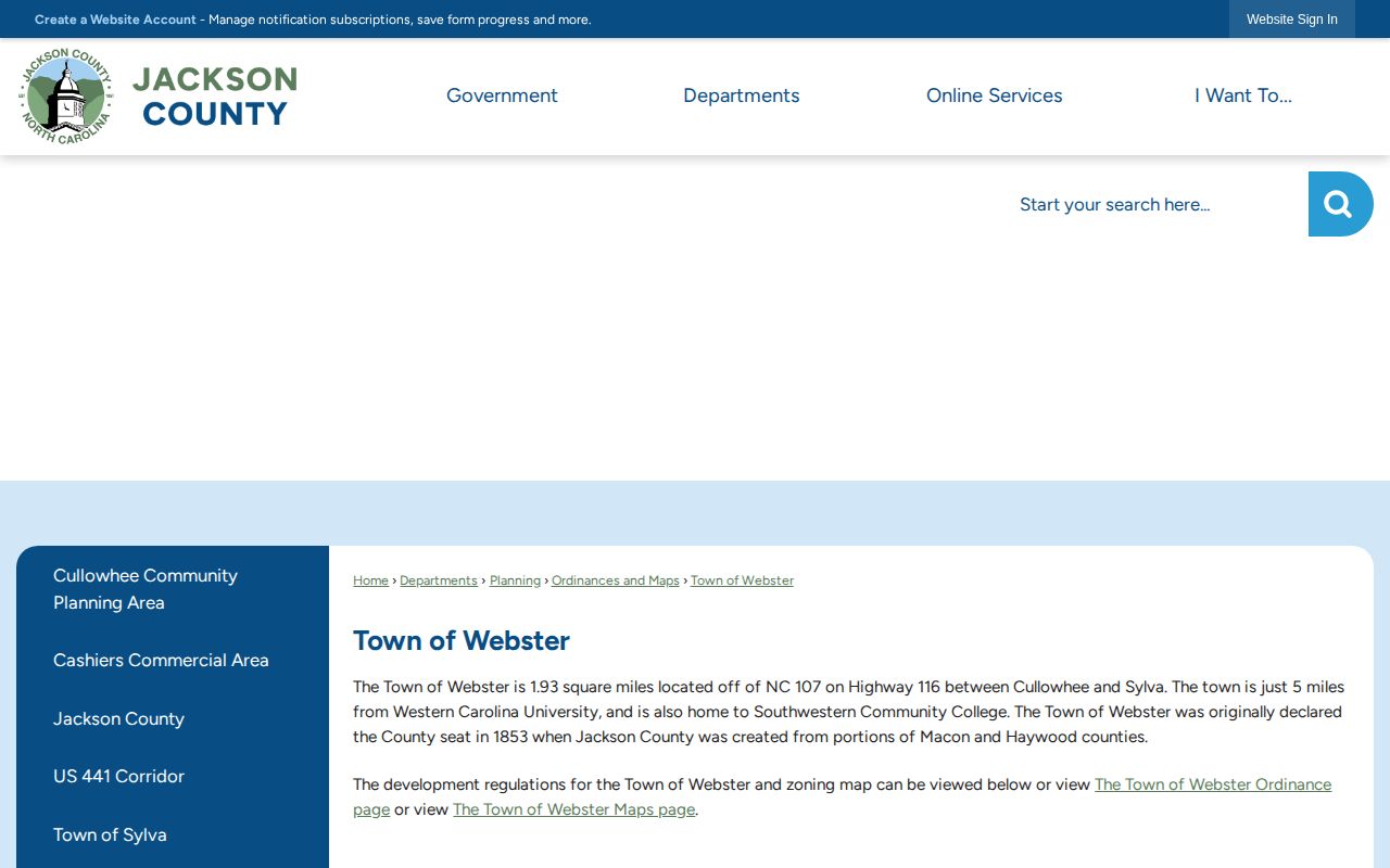 Jackson County official Town of Webster information page